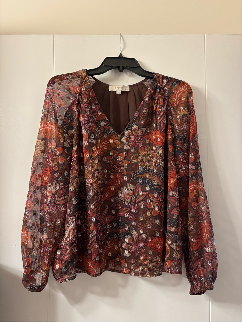 LOFT Brown Multi Floral V-Neck Long Sleeve Blouse